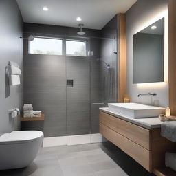 A modern bathroom with a warm and inviting atmosphere, predominantly in shades of gray