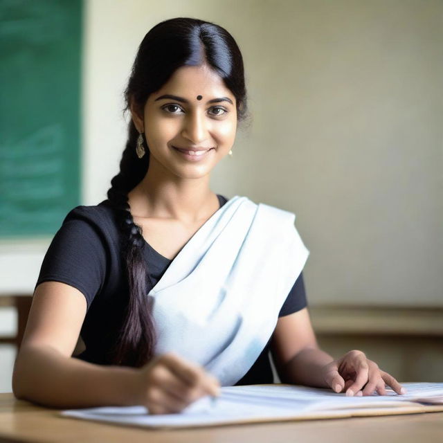 A beautiful Indian teacher, around 25 years old, is in a classroom setting