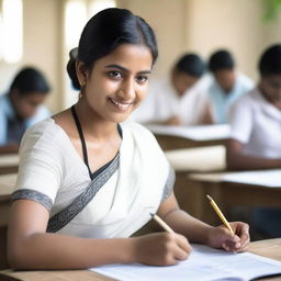 A beautiful Indian teacher, around 25 years old, is in a classroom setting