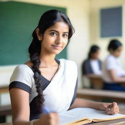 A beautiful Indian teacher, around 25 years old, is in a classroom setting