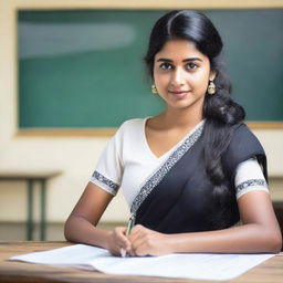 A beautiful Indian teacher, around 25 years old, is in a classroom setting