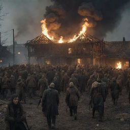 Intensify the night scene of the post-apocalyptic German colony by adding more rampant, roaring fires. The crowd of people with arrowheads marches on under the fire-lit, tragic sky, adding urgency and despair to their journey.