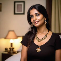 A beautiful Indian teacher in a bedroom setting, around 35 years old, wearing a noodle strap black blouse