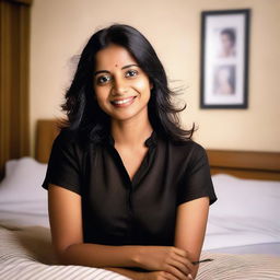 A beautiful Indian teacher in a bedroom setting, around 35 years old, wearing a noodle strap black blouse