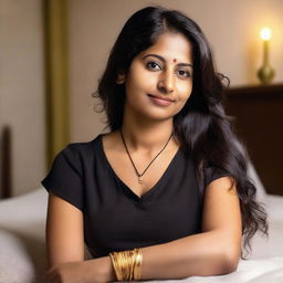 A beautiful Indian teacher in a bedroom setting, around 35 years old, wearing a noodle strap black blouse