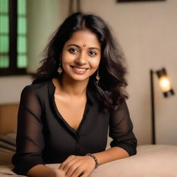 A beautiful Indian teacher in a bedroom setting, around 35 years old, wearing a noodle strap black blouse