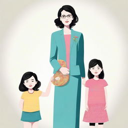 A true story illustration of a 36-year-old married mother with three children (girl, boy, girl)