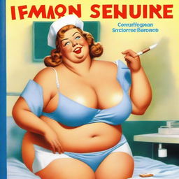 A blue raunchy book cover featuring a fat nurse smoking a cigarette