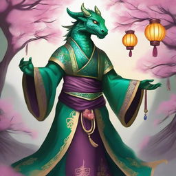 An emerald dragonborn dressed in traditional eastern dancer attire, featuring intricate designs, flowing fabrics, and vibrant colors