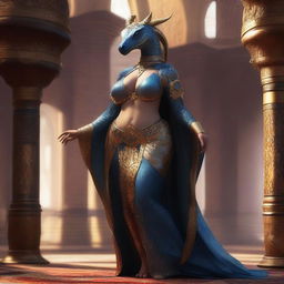 A voluptuous dragonborn with large hips wearing traditional Arabian dancer clothing