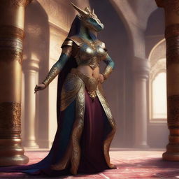 A voluptuous dragonborn with large hips wearing traditional Arabian dancer clothing