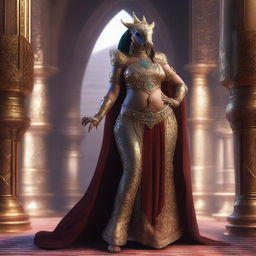 A voluptuous dragonborn with large hips wearing traditional Arabian dancer clothing