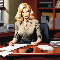 A depiction of a blond secretary with an alluring appearance, dressed in a professional yet provocative outfit, sitting at a desk in an office setting