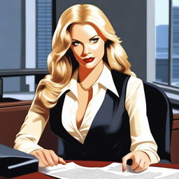 A depiction of a blond secretary with an alluring appearance, dressed in a professional yet provocative outfit, sitting at a desk in an office setting