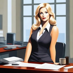 A depiction of a blond secretary with an alluring appearance, dressed in a professional yet provocative outfit, sitting at a desk in an office setting