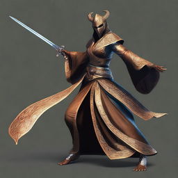 A slender, busty, and wide-hipped dragonborn with topaz scales, dressed in Arabic dancer's attire, wielding a saber while dancing