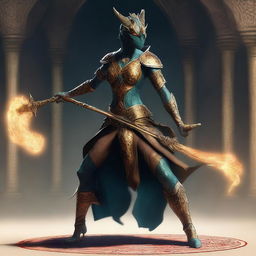 A slender, busty, and wide-hipped dragonborn with topaz scales, dressed in Arabic dancer's attire, wielding a saber while dancing