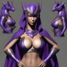 A slender, busty, and wide-hipped dragonborn with amethyst scales dressed in the attire of Arabian courtesans