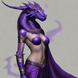 A slender, busty, and wide-hipped dragonborn with amethyst scales dressed in the attire of Arabian courtesans