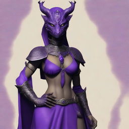 A slender, busty, and wide-hipped dragonborn with amethyst scales dressed in the attire of Arabian courtesans