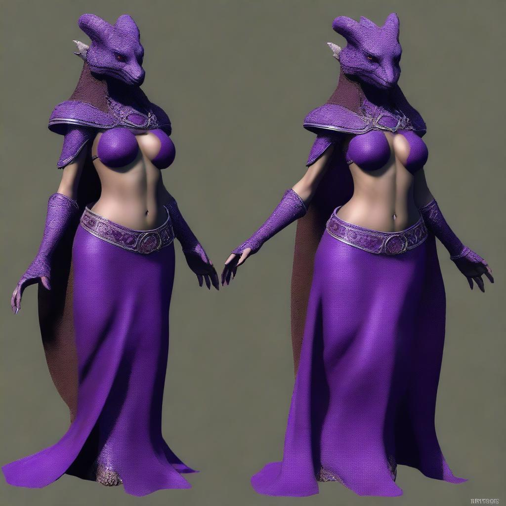 A slender dragonborn with large breasts and hips, completely covered in amethyst scales, wearing the attire of an Arabian courtesan