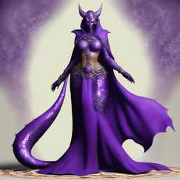 A slender dragonborn with large breasts and hips, completely covered in amethyst scales, wearing the attire of an Arabian courtesan