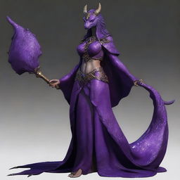 A slender dragonborn with large breasts and hips, completely covered in amethyst scales, wearing the attire of an Arabian courtesan