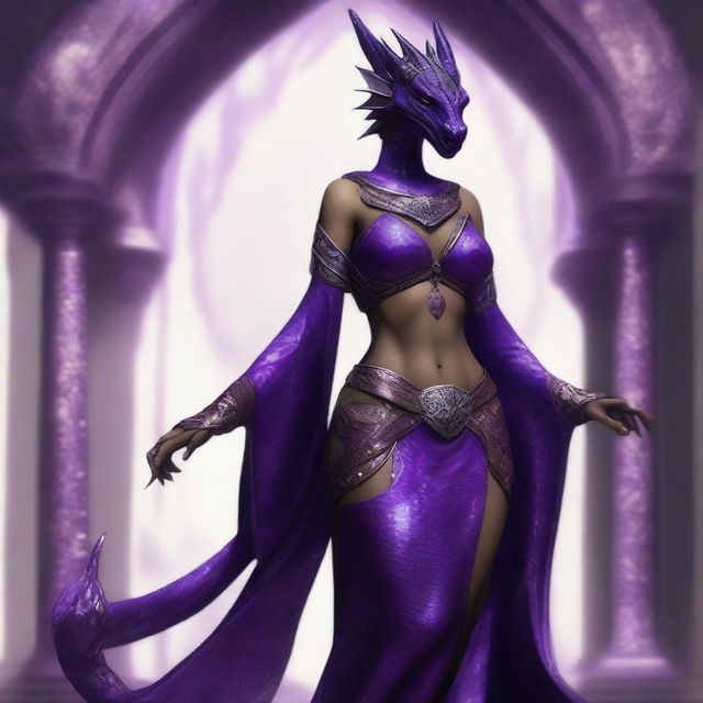 A slender dragonborn with large breasts and hips, completely covered in amethyst scales, wearing the attire of an Arabian courtesan