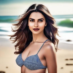 A realistic image of Deepika Padukone, the famous Indian actress, wearing a bikini