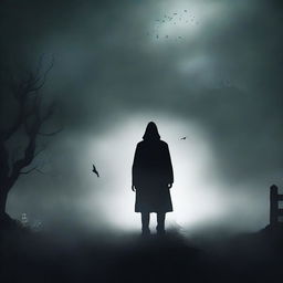 Create a thrilling book cover featuring a dark, mysterious atmosphere with shadowy figures and an eerie landscape