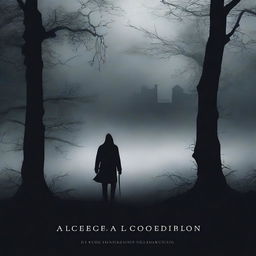 Create a thrilling book cover featuring a dark, mysterious atmosphere with shadowy figures and an eerie landscape