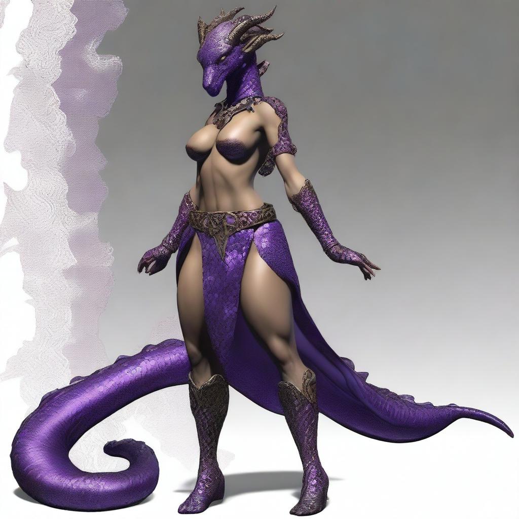 A slender dragonborn with large breasts and hips, featuring a long and muscular tail