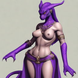 A slender dragonborn with large breasts and hips, featuring a long and muscular tail