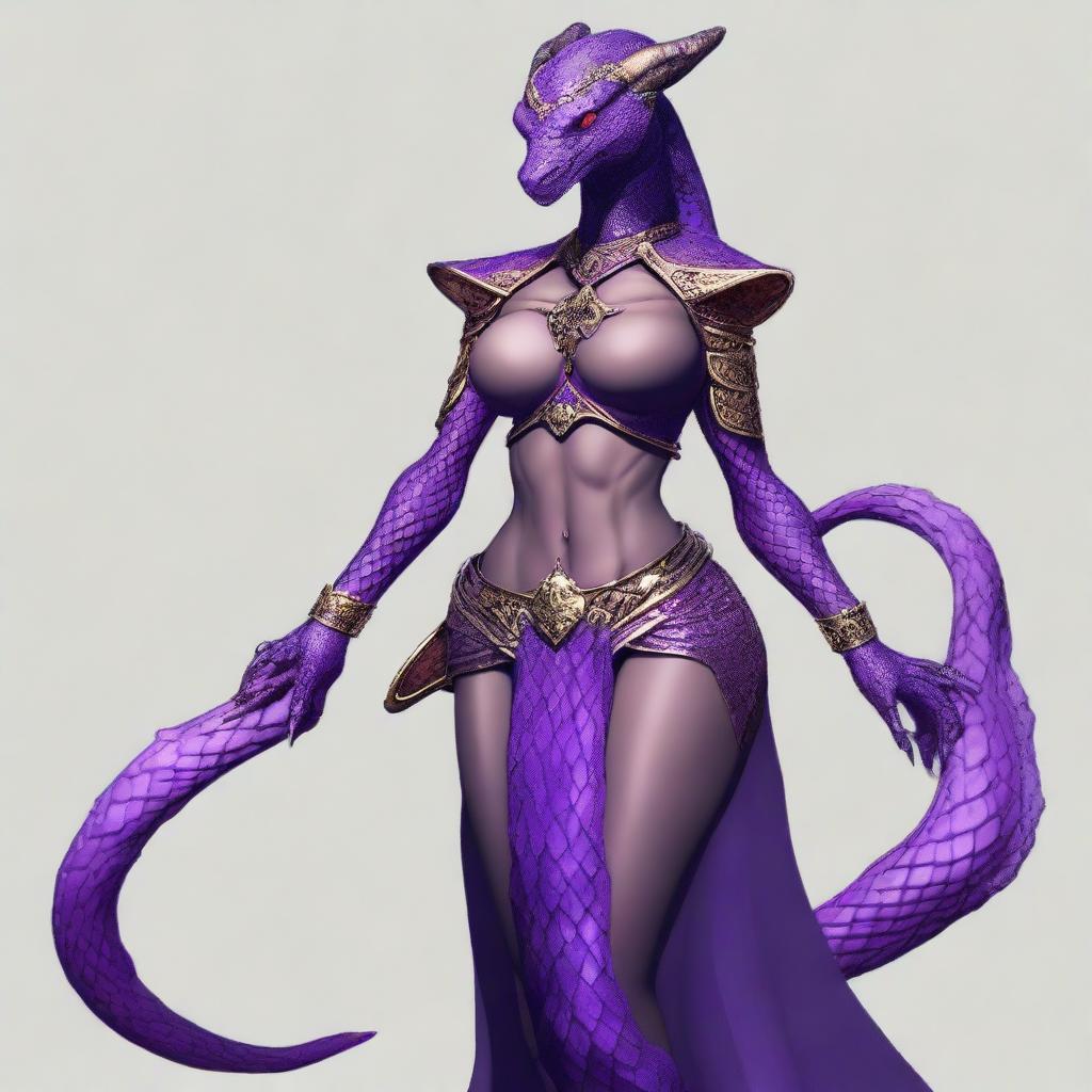 A slender dragonborn with large breasts and hips, featuring a long and muscular tail