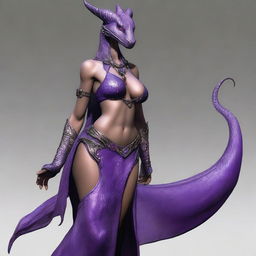 A slender dragonborn with large breasts and hips, featuring a long and muscular tail