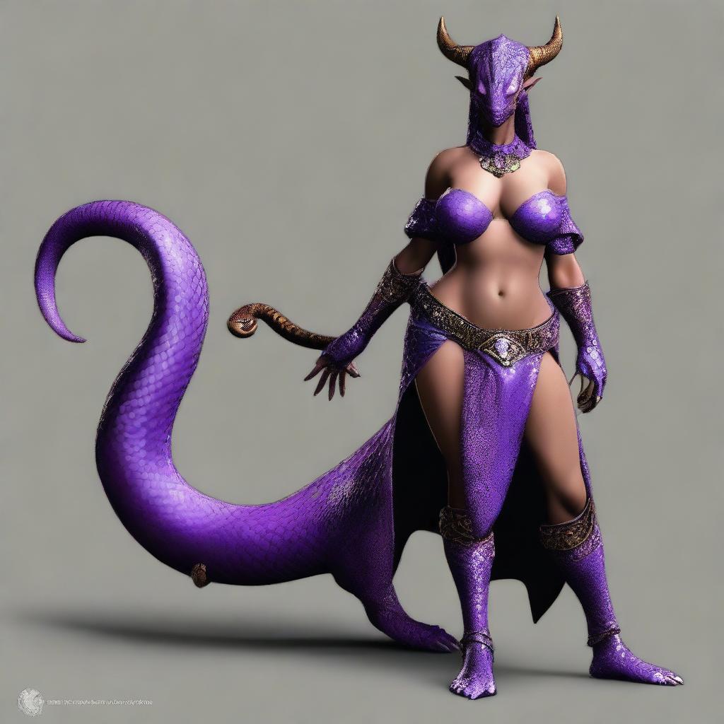 A dragonborn character with a slender waist, large breasts, and wide hips, featuring a long and muscular tail