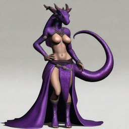 A dragonborn character with a slender waist, large breasts, and wide hips, featuring a long and muscular tail