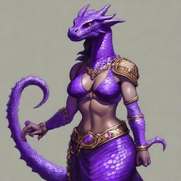 A dragonborn character from the Dungeons & Dragons universe with a slim waist, large breasts, and hips, featuring a long, muscular tail