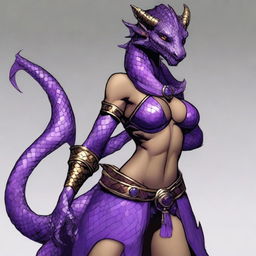 A dragonborn character from the Dungeons & Dragons universe with a slim waist, large breasts, and hips, featuring a long, muscular tail