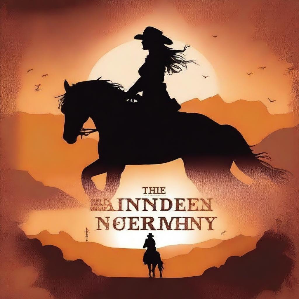 Create a brown western book cover featuring a sunset with a silhouette of a woman in a dress riding a horse