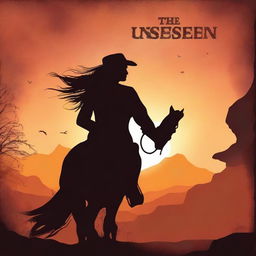 Create a brown western book cover featuring a sunset with a silhouette of a woman in a dress riding a horse