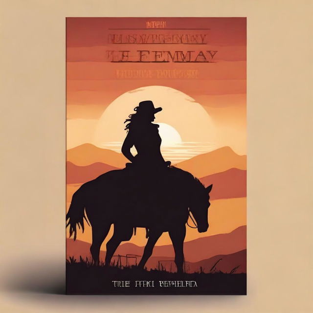 Create a brown western book cover featuring a sunset with a silhouette of a woman in a dress riding a horse