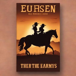 Create a brown western book cover featuring a sunset with a silhouette of a woman in a dress riding a horse