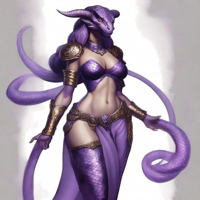 A dragonborn character from the Dungeons & Dragons world with a slender waist, large breasts, and hips