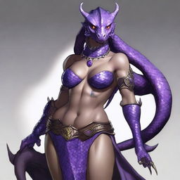 A dragonborn character from the Dungeons & Dragons world with a slender waist, large breasts, and hips