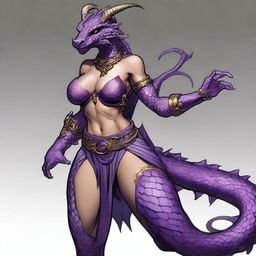 A dragonborn character from the Dungeons & Dragons world with a slender waist, large breasts, and hips