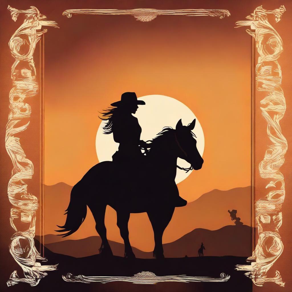 Create a brown western book cover with a realistic silhouette of a woman riding a horse into a distant sunset