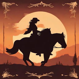 Create a brown western book cover with a realistic silhouette of a woman riding a horse into a distant sunset