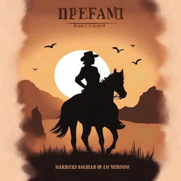 Create a brown western book cover with a realistic silhouette of a woman riding a horse into a distant sunset