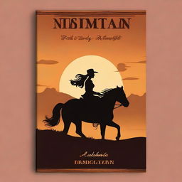 Create a brown western book cover with a realistic silhouette of a woman riding a horse into a distant sunset